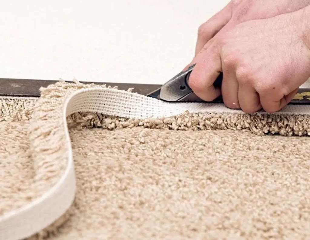 Close-up of a hand using a utility knife to trim carpet backing, showing the beige carpet’s soft woven texture and rough fabric edge