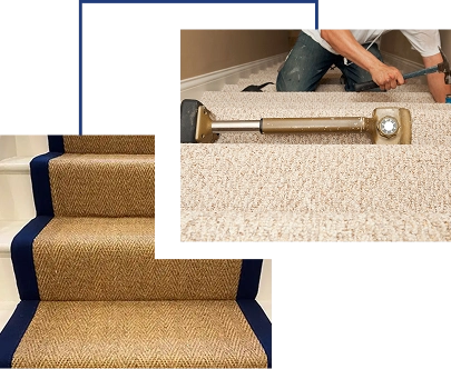 Textured herringbone stair carpet with navy blue edging, showcasing different stair carpet types and textures