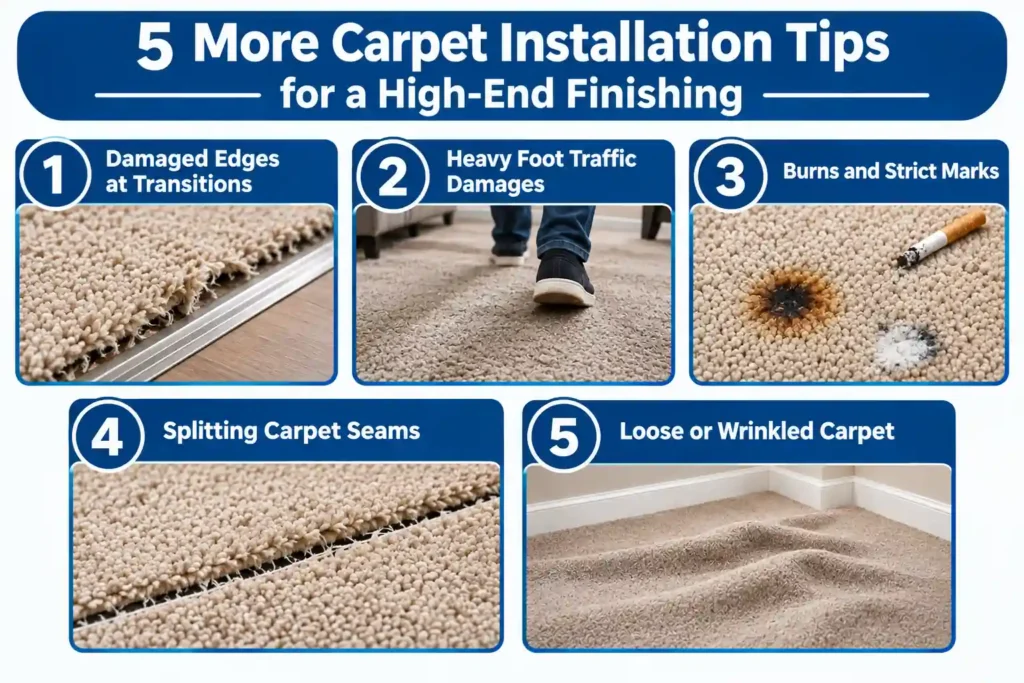 Carpet repairing services for damaged edges, heavy foot traffic, burns, split seams, and loose or wrinkled carpet.